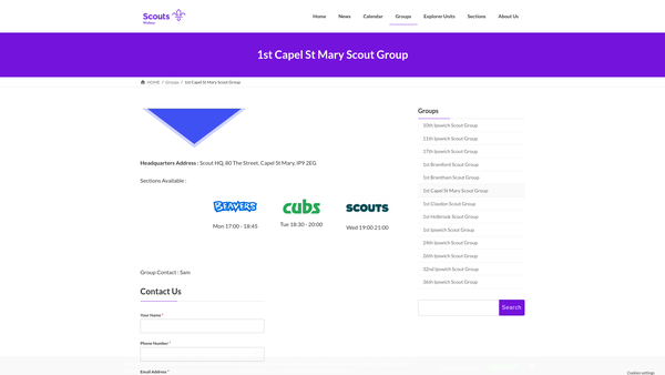 Screenshot of the 1st Capel St Mary Scout Group website