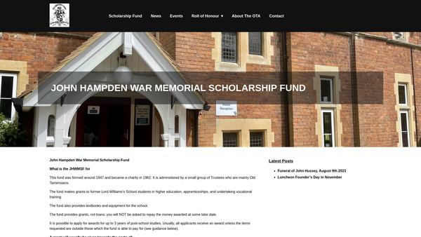 Screenshot of the The John Hampden War Memorial Scholarship Fund website