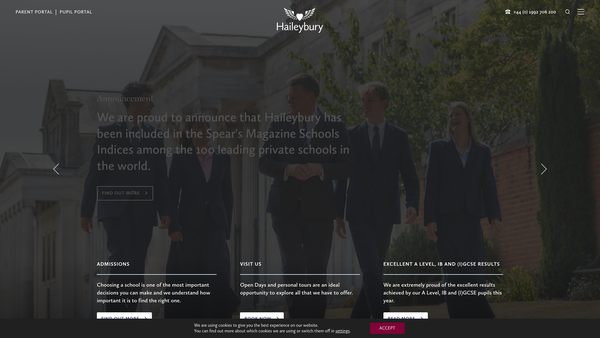 Screenshot of the Haileybury College website