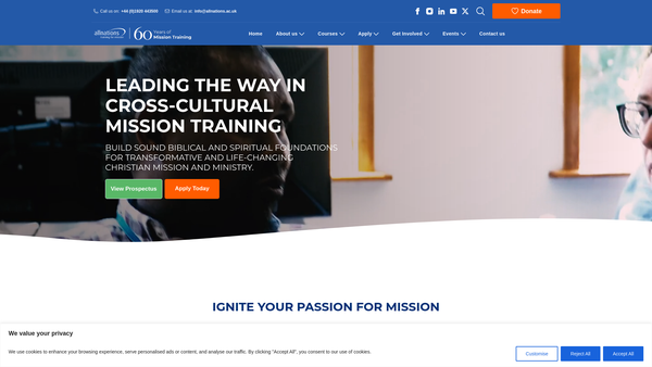 Screenshot of the All Nations Christian College Limited website