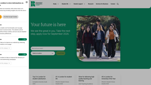 Screenshot of the Whitelands College website