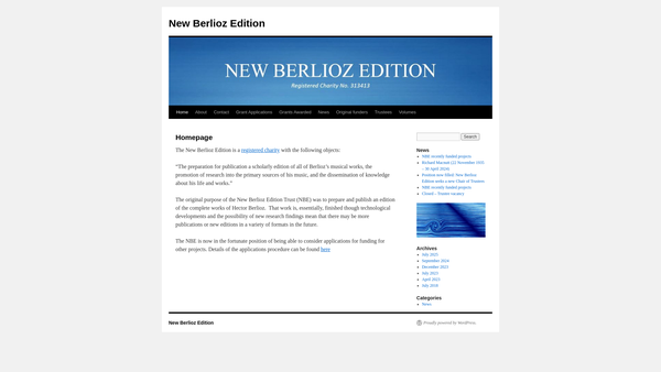 Screenshot of the The New Berlioz Edition Trust website