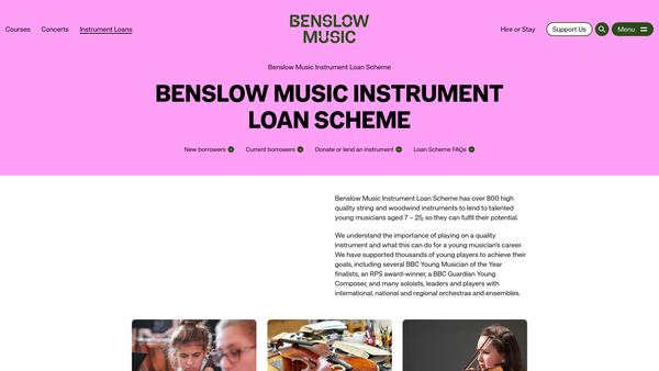 Screenshot of the Benslow Music Instrument Loan Scheme website