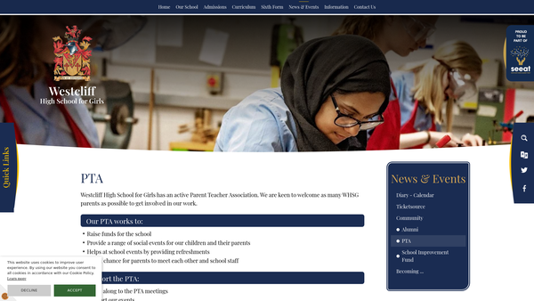 Screenshot of the Westcliff High School For Girls Parent Teacher Association website