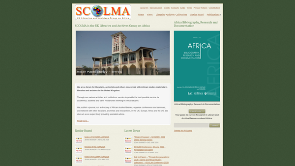 Screenshot of the Scolma (The UK Libraries And Archives Group On Africa) website