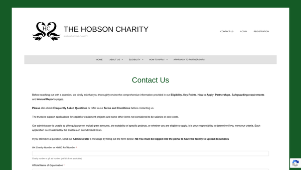 Screenshot of the The Hobson Charity Limited website