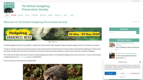 Screenshot of the British Hedgehog Preservation Society website