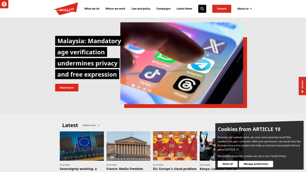 Screenshot of the Article 19 website