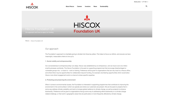 Screenshot of the The Hiscox Foundation website