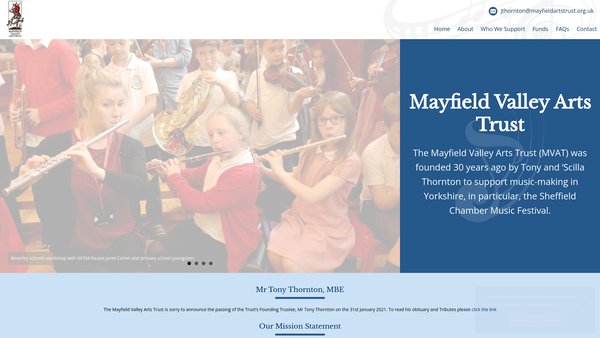 Screenshot of the The Mayfield Valley Arts Trust website