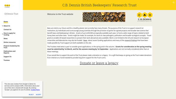 Screenshot of the The C B Dennis British Beekeepers' Research Trust website