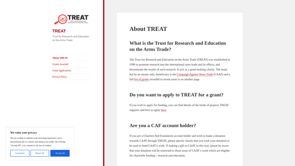 Screenshot of the Trust For Research And Education On The Arms Trade (Treat) website
