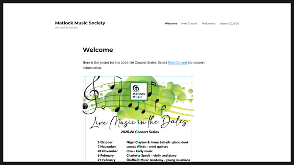 Screenshot of the The Matlock Music Society website