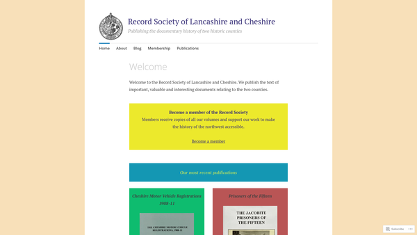 Screenshot of the Record Society Of Lancashire And Cheshire website