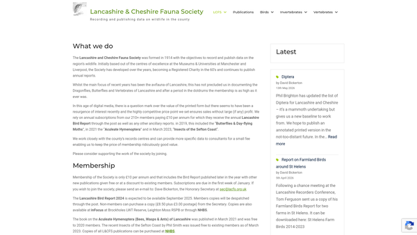 Screenshot of the Lancashire And Cheshire Fauna Society website