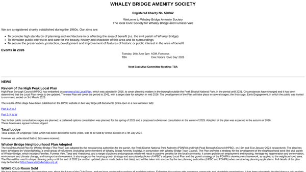 Screenshot of the Whaley Bridge Amenity Society website