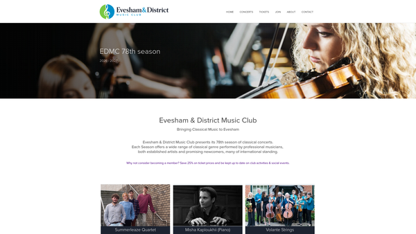 Screenshot of the The Evesham And District Music Club website
