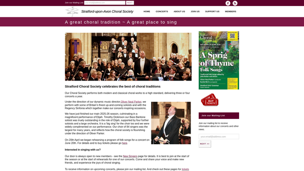 Screenshot of the Stratford Upon Avon Choral Society website