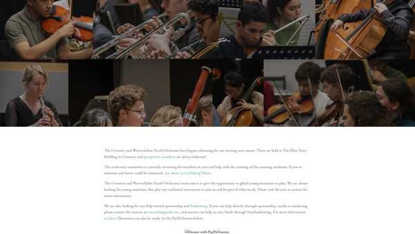Screenshot of the Friends Of Coventry And Warwickshire Youth Orchestra website