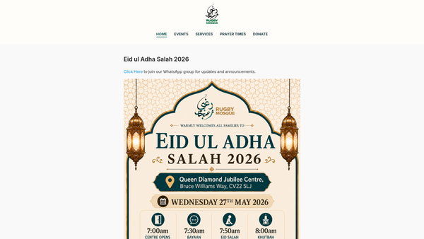 Screenshot of the Rugby Mosque Society website