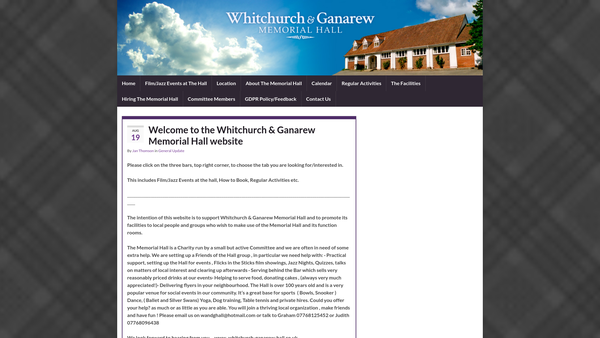 Screenshot of the Whitchurch And Ganarew Memorial Hall website