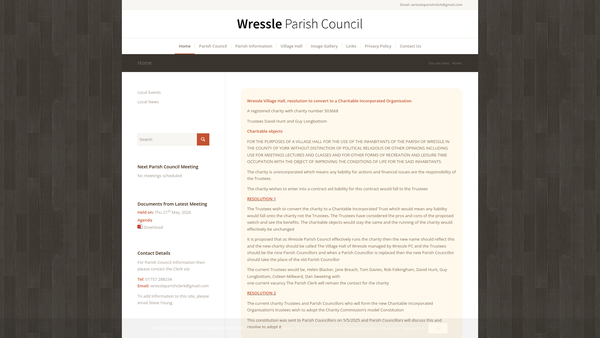 Screenshot of the Wressle Village Hall website