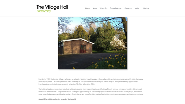 Screenshot of the Barthomley Village Hall website