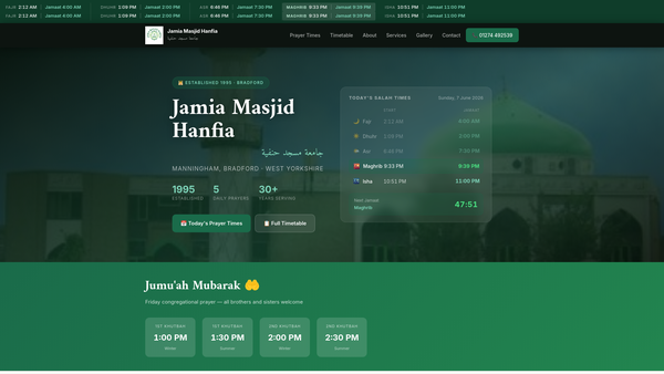 Screenshot of the Jamia Masjid Hanfia (Bradford) Association website