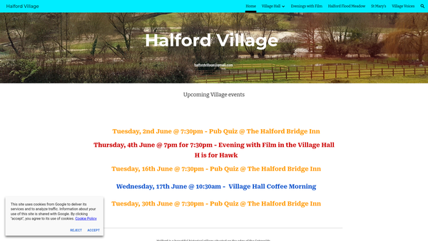 Screenshot of the Halford Village Hut website