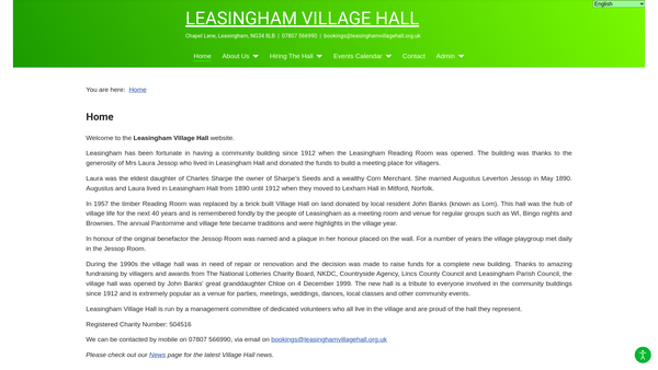 Screenshot of the Leasingham Village Hall website