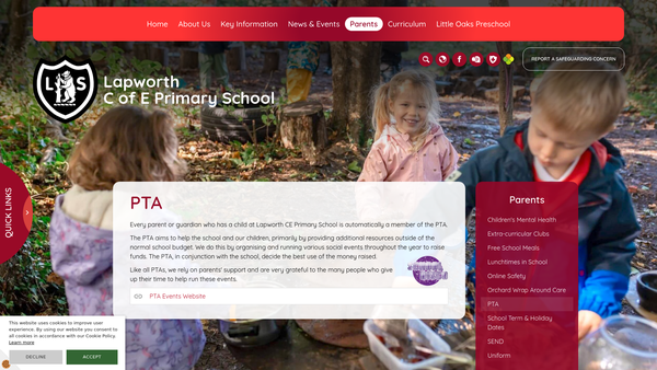 Screenshot of the Lapworth School,parent Teacher Association website