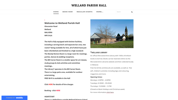 Screenshot of the Welland Parish Hall website