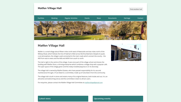 Screenshot of the Matfen Village Hall website