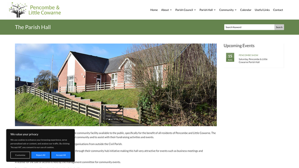 Screenshot of the Pencombe And Little Cowarne Parish Hall website