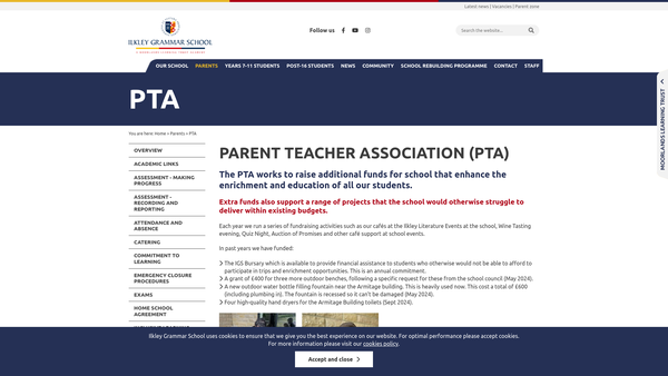 Screenshot of the Ilkley Grammar School Parent Teacher Association website
