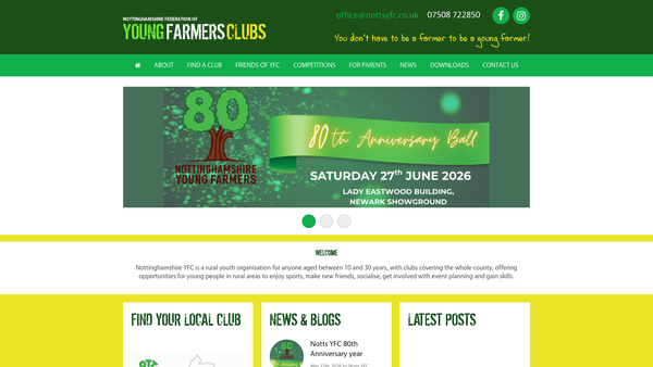 Screenshot of the Tuxford Young Farmers' Club website