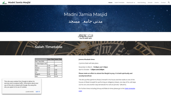 Screenshot of the Madani Jamia Masjid Association website