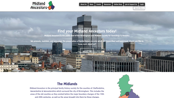 Screenshot of the The Birmingham And Midland Society For Genealogy And Heraldry website