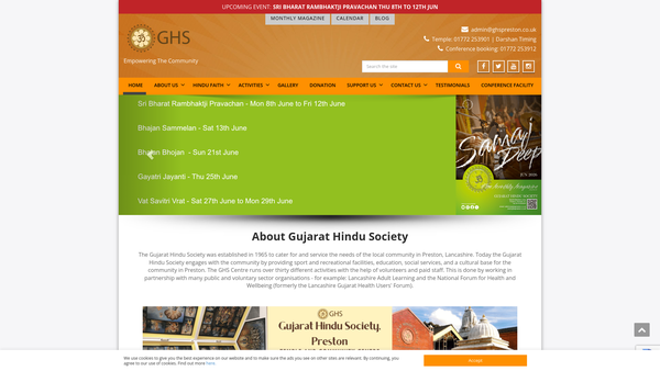 Screenshot of the Gujarat Hindu Society, Preston website