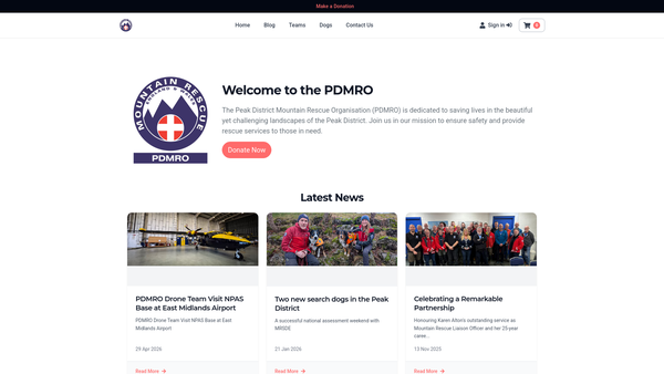 Screenshot of the Peak District Mountain Rescue Organisation P D M R O website