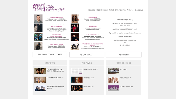 Screenshot of the Ilkley Concert Club website