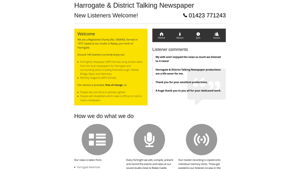 Screenshot of the Harrogate And District Talking Newspaper Association website
