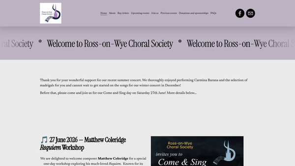 Screenshot of the Ross On Wye Choral Society website