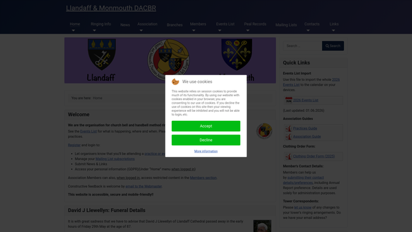 Screenshot of the Llandaff And Monmouth Diocesan Association Of Church Bell-Ringers, Bell Restoration Fund website