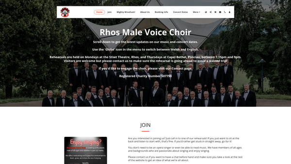 Screenshot of the Cor Meibion Rhosllanerchrugog (Rhos Male Voice Choir) website