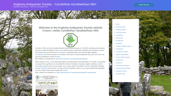 Screenshot of the Cymdeithas Hynafiaethwyr Môn / Anglesey Antiquarian Society website