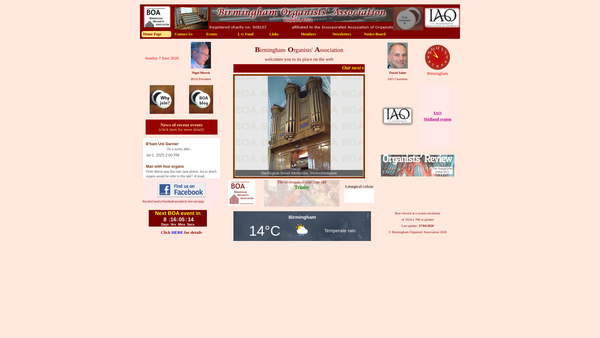 Screenshot of the Birmingham Organists' Association website