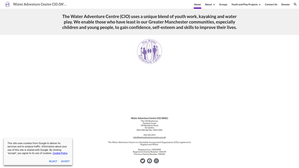 Screenshot of the The Water Adventure Centre website
