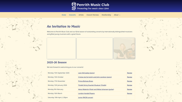 Screenshot of the Penrith Music Club website