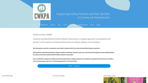 Screenshot of the Coventry And Warwickshire Kidney Patients Association website